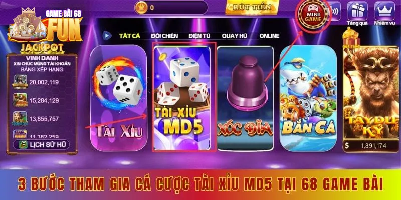 3 bước tham gia cá cược tài xỉu md5 tại 68 game bài