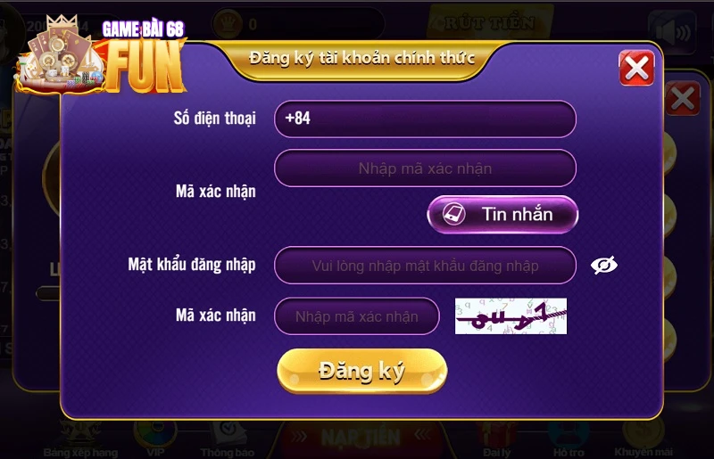 Biểu mẫu đăng ký và xác nhận tài khoản 68 game bài