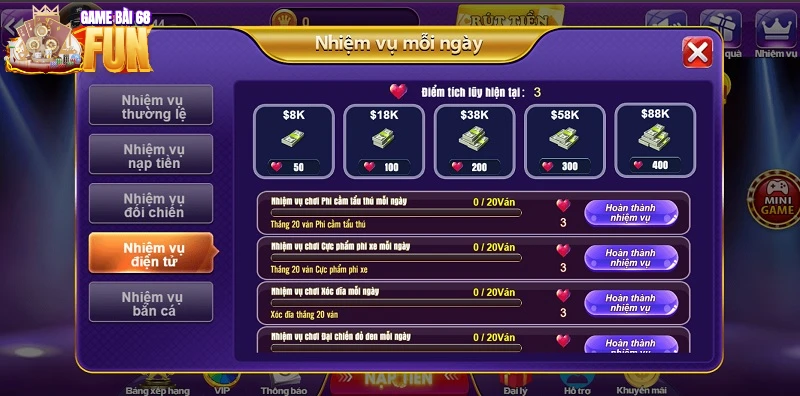 Tổng hợp các nhiệm vụ mỗi ngày tại 68 game bài